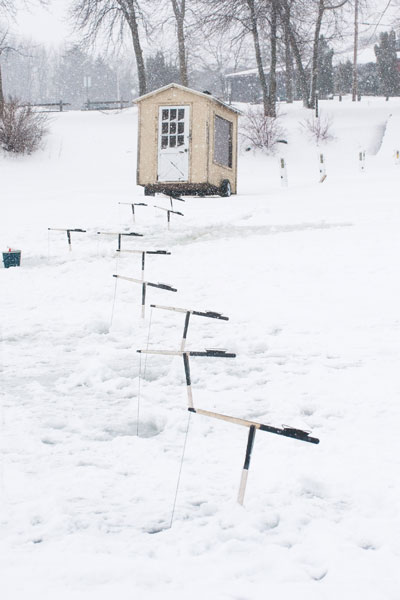 Dix brimbales installées devant une cabane de pêcheur sur la glace.