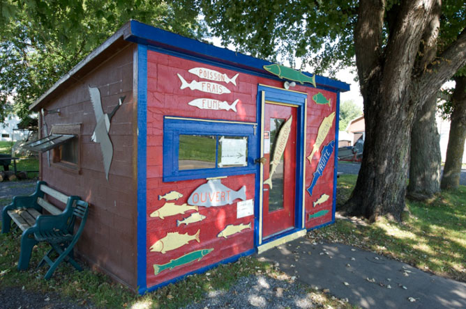 Red and blue wooden cabin decorated with colourful fish silhouettes